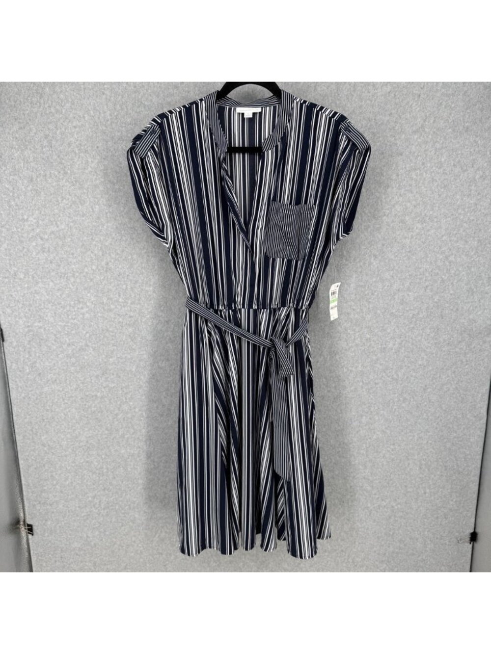 Charter Club Womens Short Sleeve Midi Dress Size 8 Navy Blue White Tie Waist NEW